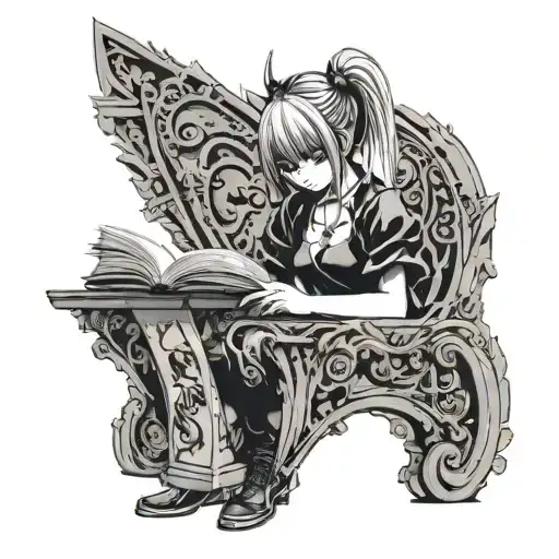 Misa Ámame from death note In sexy dark clothing Reading A Book Named "Rayuela" Tattoo Design Idea tattoo design idea