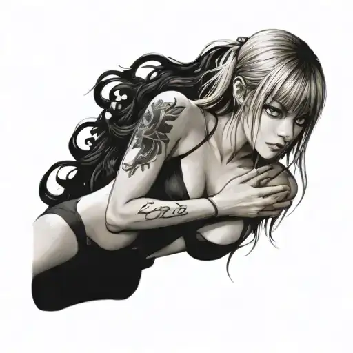 Misa Amane from Death Note is depicted in vivid detail, her shoulders and bare neck and breast exposed, wearing a black  tattoo design idea