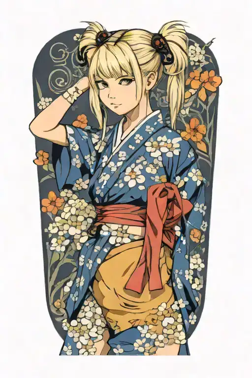 Misa Amame is a blonde sexy teenage with 2 buns on her hair, her shoulders and bare neck and breast exposed, tattoo design idea