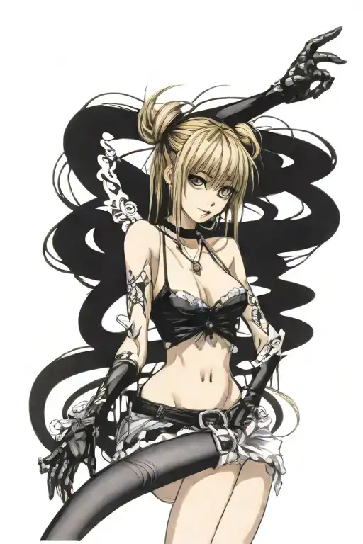 Misa Amane from Death Note is depicted in vivid detail, her shoulders and bare neck and breast exposed, wearing a black  tattoo design idea