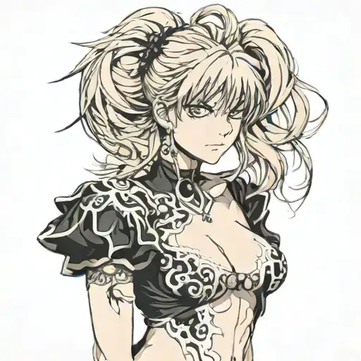 Misa Amane from Death Note is depicted in vivid detail, her shoulders and bare neck and breast exposed, wearing a black  tattoo design idea