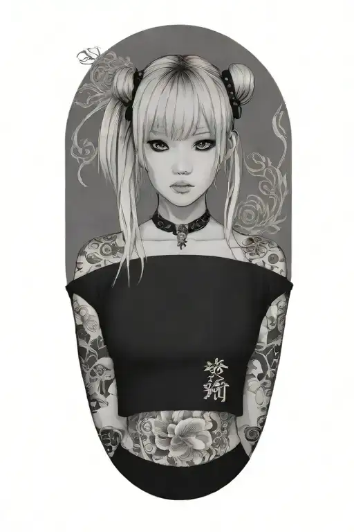 Misa Amame is a blonde sexy teenage with 2 buns on her hair, her shoulders and bare neck and breast exposed, tattoo design idea