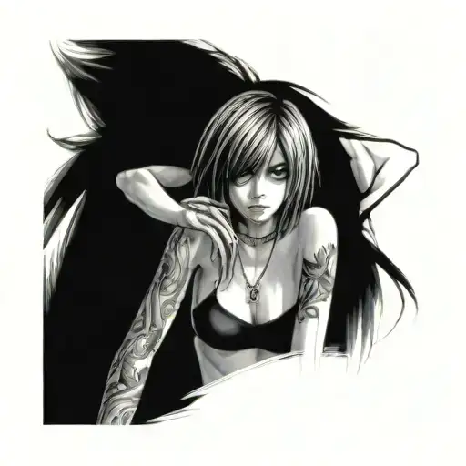 Misa Amane from Death Note is depicted in vivid detail, her shoulders and bare neck and breast exposed, wearing a black  tattoo design idea