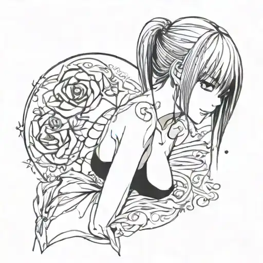 Misa Amane from Death Note is depicted in vivid detail, her shoulders and bare neck and breast exposed, wearing a black  tattoo design idea