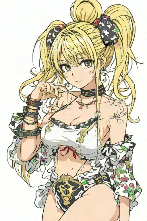 Misa Amame is a blonde sexy teenage with 2 buns on her hair, her shoulders and bare neck and breast exposed, tattoo design idea