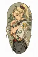 Misa Amame is a blonde sexy teenage with 2 buns on her hair, her shoulders and bare neck and breast exposed, tattoo design idea