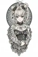 Misa Amame is a blonde sexy teenage with 2 buns on her hair, her shoulders and bare neck and breast exposed, tattoo design idea