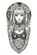 Misa Amame is a blonde sexy teenage with 2 buns on her hair, her shoulders and bare neck and breast exposed, tattoo design idea