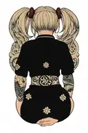 Misa Amame is a blonde sexy teenage with 2 buns on her hair, her shoulders and bare neck and breast exposed, tattoo design idea