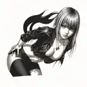 Misa Amane from Death Note is depicted in vivid detail, her shoulders and bare neck and breast exposed, wearing a black  tattoo design idea
