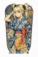 Misa Amame is a blonde sexy teenage with 2 buns on her hair, her shoulders and bare neck and breast exposed, tattoo design idea