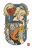 Misa Amame is a blonde sexy teenage with 2 buns on her hair, her shoulders and bare neck and breast exposed, tattoo design idea