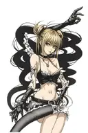 Misa Amane from Death Note is depicted in vivid detail, her shoulders and bare neck and breast exposed, wearing a black  tattoo design idea