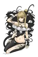 Misa Amane from Death Note is depicted in vivid detail, her shoulders and bare neck and breast exposed, wearing a black  tattoo design idea