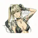 Misa Amane from Death Note is depicted in vivid detail, her shoulders and bare neck and breast exposed, wearing a black  tattoo design idea