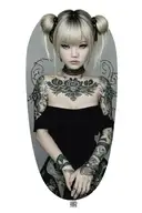 Misa Amame is a blonde sexy teenage with 2 buns on her hair, her shoulders and bare neck and breast exposed, tattoo design idea