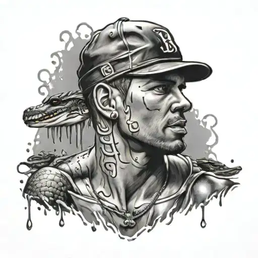 A portrait of a famous Boston athlete with water droplets and alligator motifs integrated into the design tattoo design idea