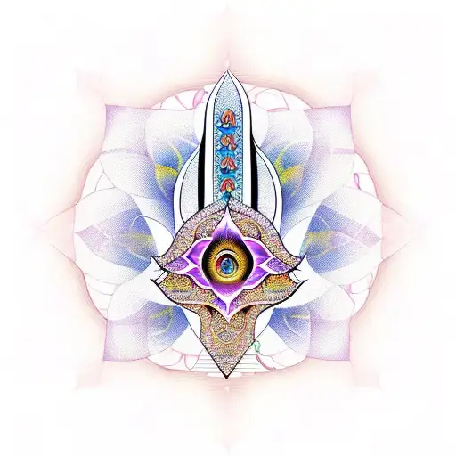 hamsa on top of a lotus flower and with various sacred geometry symbologies and occult symbologies around tattoo design idea