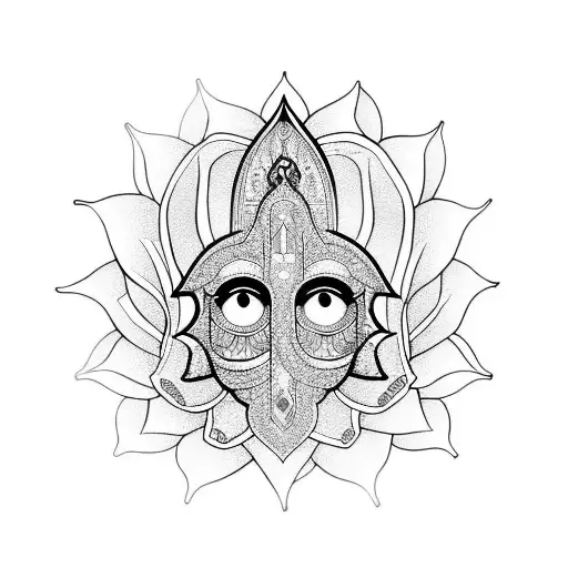 hamsa on top of a lotus flower and with various sacred geometry symbologies and occult symbologies around tattoo design idea