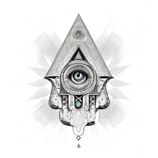 hamsa with various sacred geometry symbologies and occult symbologies around tattoo design idea