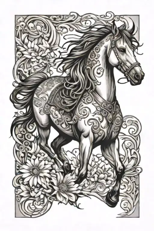 half sleeve with wild flowers, tooled leather swirls, southwestern design with rearing horse  tattoo design idea