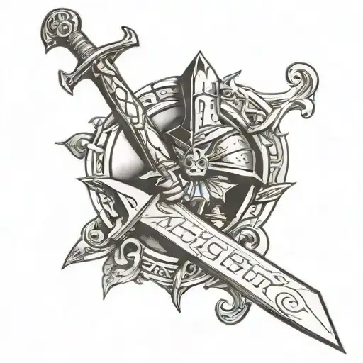 A minimalist tattoo of Excalibur with the inscription 'For my son Arthur', capturing the love and dedication of a parent tattoo design idea