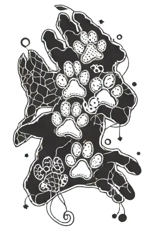 3 dog and 2 cat paws connected tattoo design idea