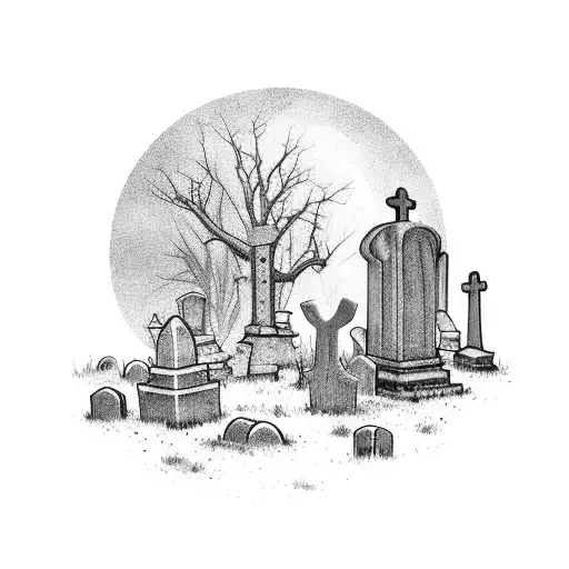 A detailed landscape of a creepy graveyard with tombstones and a full moon tattoo design idea