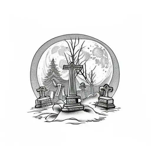 A detailed landscape of a creepy graveyard with tombstones and a full moon tattoo design idea