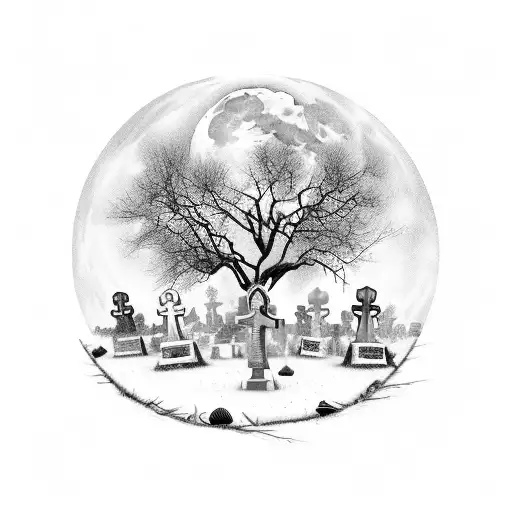 A detailed landscape of a creepy graveyard with tombstones and a full moon tattoo design idea