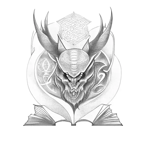 A stack of books with mystical symbols and creatures emerging from the pages tattoo design idea