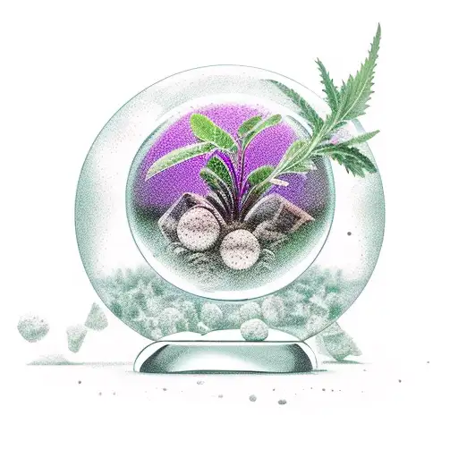 A crystal ball with a sage plant growing out of it, surrounded by country music notes and lyrics intertwined in the design tattoo design idea