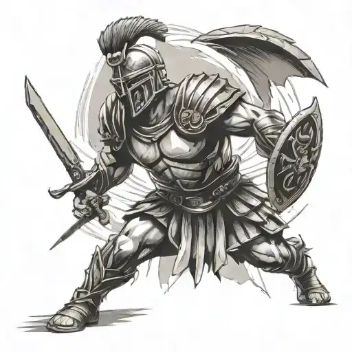 A gladiator fighting alone in the arena. He is surrounded by spears.  tattoo design idea