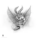 A brick wall with a hidden underworld scene depicting demons and mythical creatures tattoo design idea