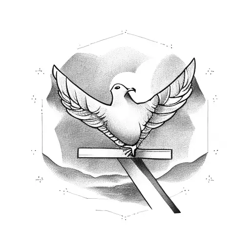 A minimalistic and geometric depiction of a dove carrying a cross in its beak tattoo design idea