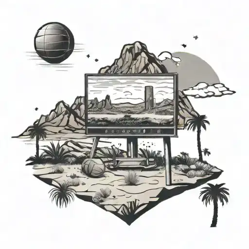 A desert landscape in Arizona with a TV screen showing a basketball game in the sky tattoo design idea