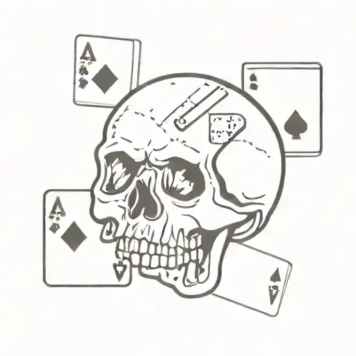 A minimalist design of a skull with playing cards and dice incorporated into the design tattoo design idea