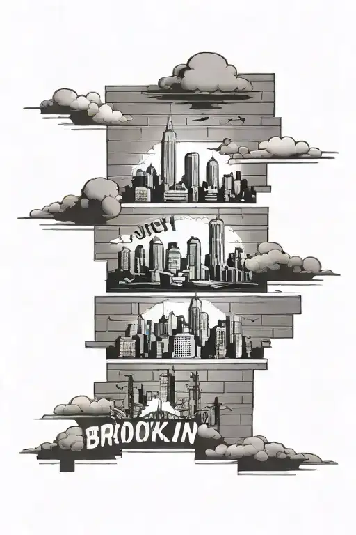Brooklyn sky line with brick wall under with the names Joey Matt Rico quan tattoo design idea