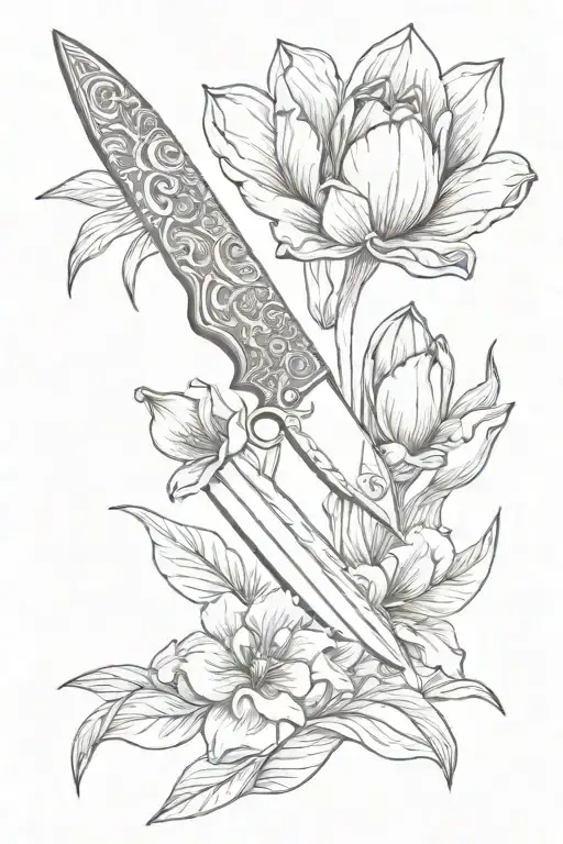 Japanese bunka chef knife with a Tulip Flower wrapped around the handle tattoo design idea