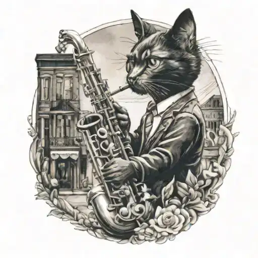 A realistic tattoo of a black cat playing a saxophone in a New Orleans street scene, with a subtle nod to European history in the background tattoo design idea