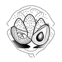 an avocado opened in half, which instead of having its seed, has several that make the shape of a cat's foot tattoo design idea