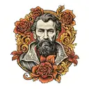 A portrait of Feodor Dostoievski in the form of Marcus Aurelius's statue fragment tattoo design idea