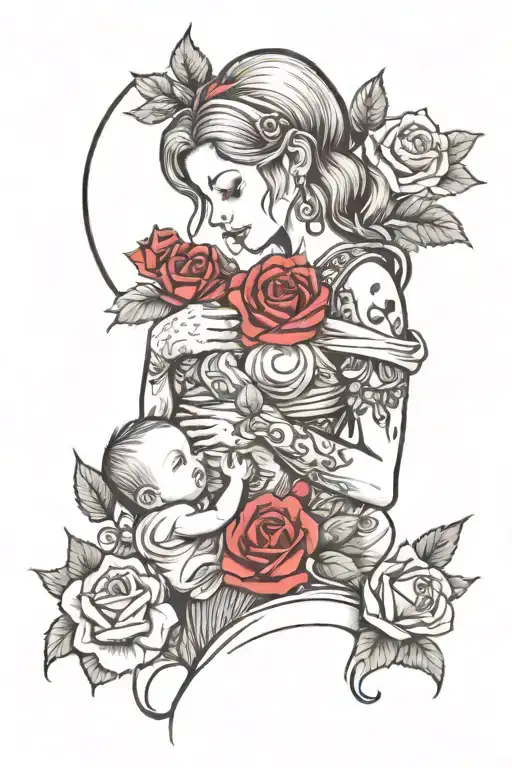 mom holding baby girl with roses and heart tattoo design idea