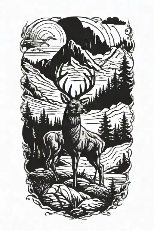 A silhouette of a deer and duck in the mountains, with a fireman's helmet and axe incorporated into the design tattoo design idea
