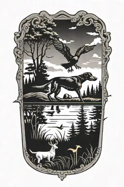 An outdoor scene with a hunting dog and ducks flying, with a Christian cross subtly integrated into the design tattoo design idea