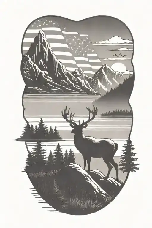 A guy hunting a deer and duck with mountians in the background and an American flag flowing through the sky  tattoo design idea