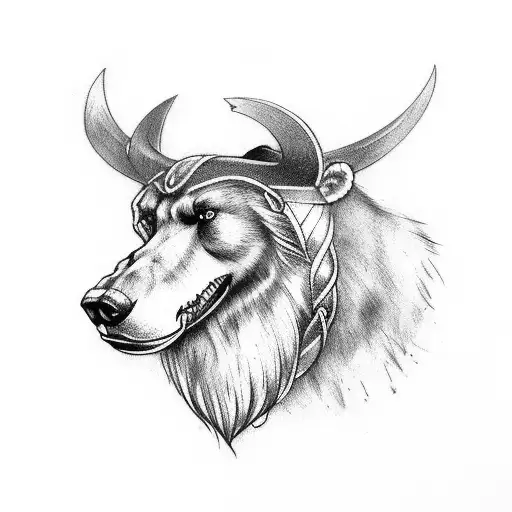 long Viking tattoo to go on the head, over the ear featuring a bear tattoo design idea