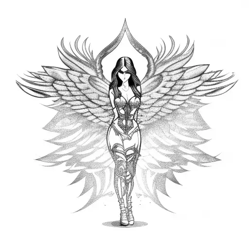 demigoddess woman with wings, with long and slender hair, with a defiant look and accompanied by some wolves that protec tattoo design idea