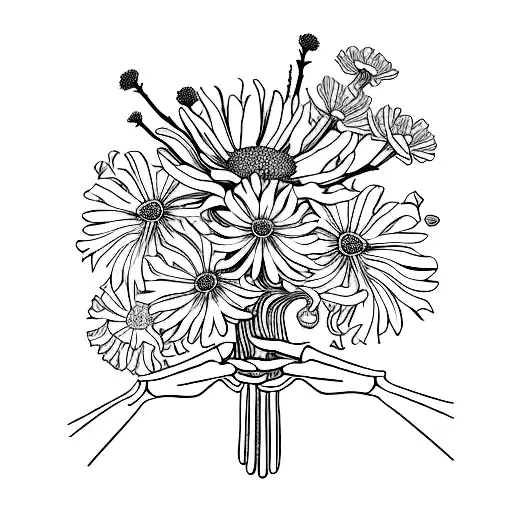 skeleton hand holding bouquet of marigold, cosmos, and Indian blanket  tattoo design idea