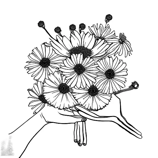 skeleton hand holding bouquet of marigold, cosmos, and Indian blanket  tattoo design idea
